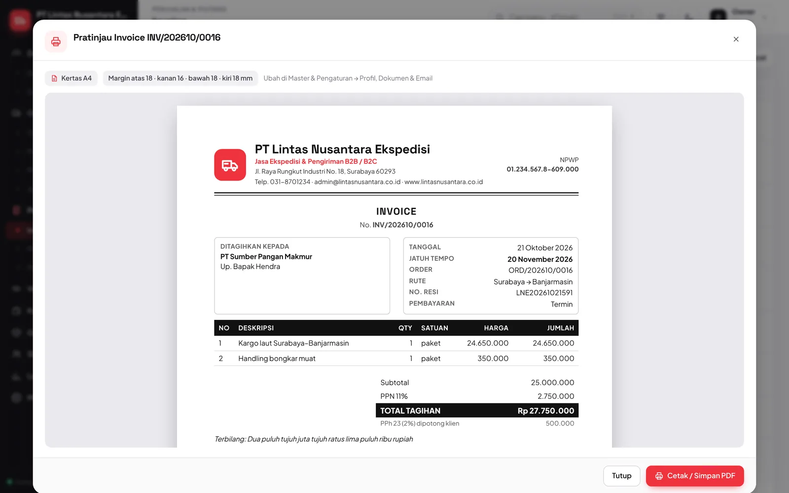 Invoice rapi, siap cetak & PDF